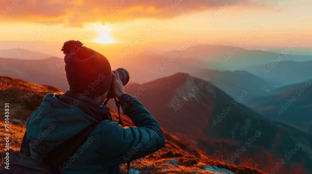 Fototapeta premium A person capturing the beauty of the sun in a photograph. Perfect for capturing moments of awe and wonder.