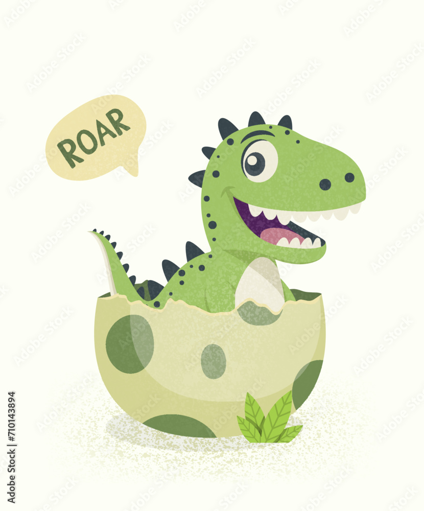 Obraz premium Vector Flat T-Rex Hatched From an Egg. Cartoon Smiling Happy Cute Funny Tyrannosaurus Rex Sitting in Egg. Vector Illustration