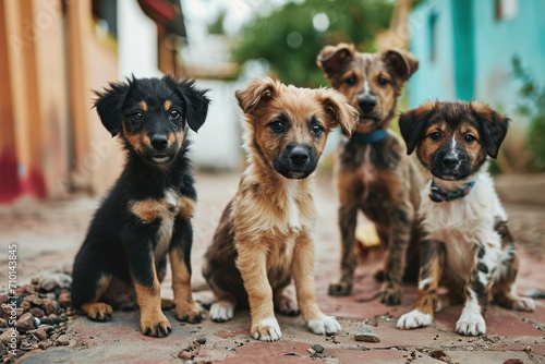 Group of stray homeless dogs on the street with sad look. Rescue and help abandoned animals, pets adoption concept
