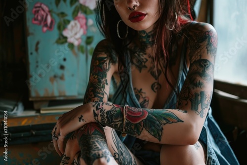 A woman with tattoos on her arms and legs. Suitable for fashion, alternative lifestyle, and body art concepts