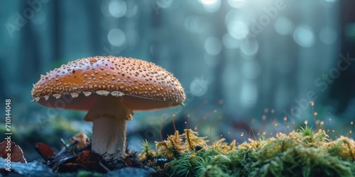 A mushroom sitting on top of a lush green forest. Can be used to depict nature, biodiversity, or the beauty of the forest