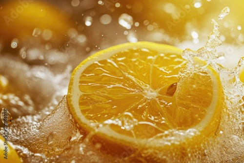 A detailed close-up of a lemon slice with water splashing on it. Perfect for refreshing summer drink concepts or health-related designs