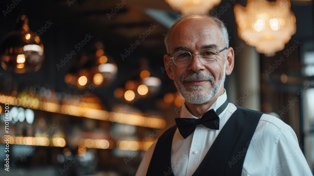 A man dressed in a black vest and bow tie, exuding elegance and style. Perfect for formal events and fashionable occasions A man dressed in a black vest and bow tie, exuding elegance and style. Perfect for formal events and fashionable occasions