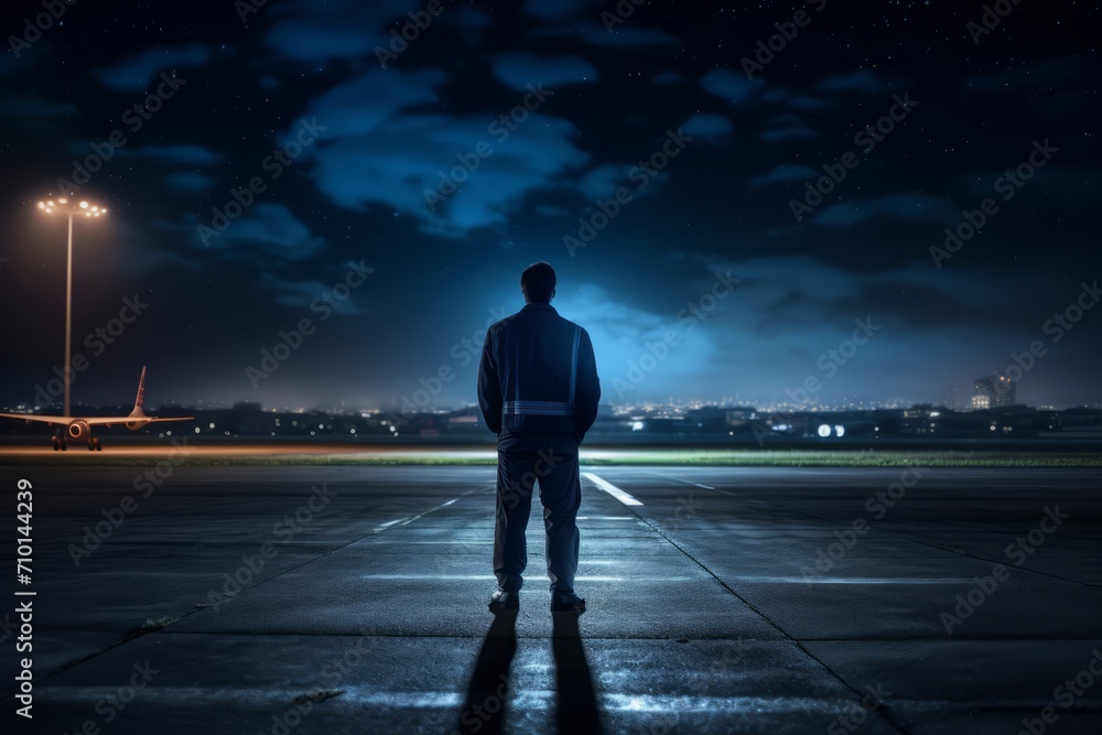 Steadfast Pilot Standing on the Illuminated Runway, Gazing Into the Distant Horizon, Ready for His Next Flight Under the Starry Night Sky