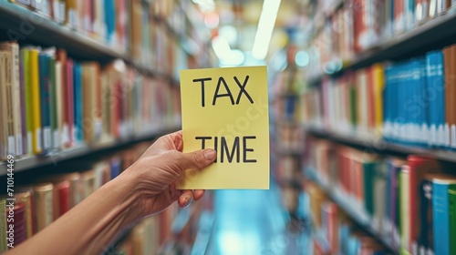 Close-up shot of a hand holding a "TAX TIME" sticky note in a library with books in the background generative ai
