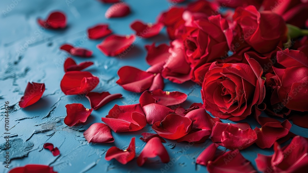 Red roses and petals on a blue background, suggesting romance Red roses and petals on a blue background, suggesting romance