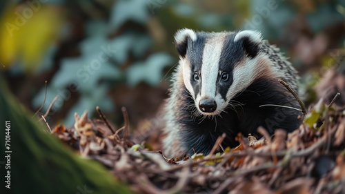 Badger in forest with autumn leaves, looking at the camera