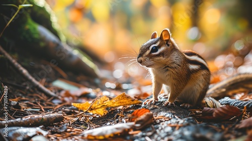 Chipmunk on a forest path surrounded by autumn leaves