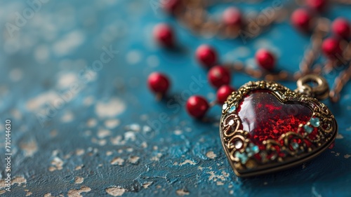 Vintage heart-shaped locket with red beads on a blue textured surface
