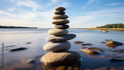 Stacked rocks create harmony in tranquil nature scene generated by AI