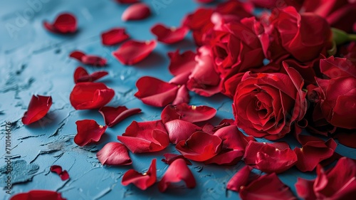 Red roses and petals on a blue background, suggesting romance