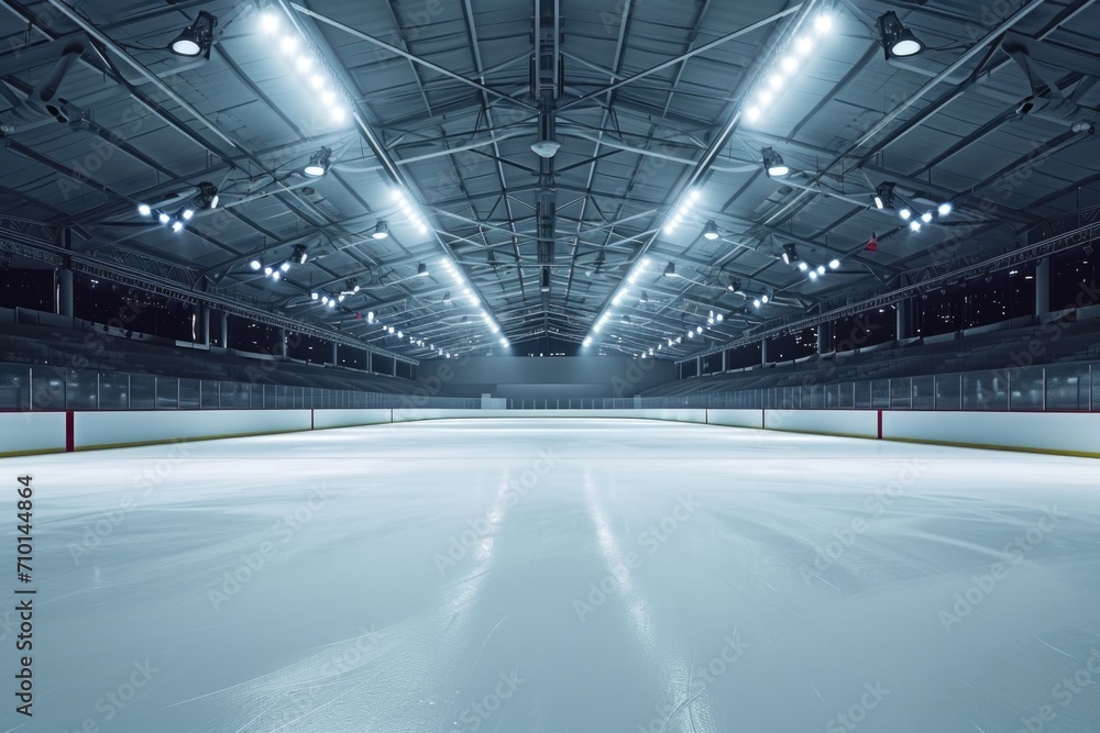An empty hockey rink illuminated by bright lights. Perfect for sports-related projects or showcasing the anticipation before a game An empty hockey rink illuminated by bright lights. Perfect for sports-related projects or showcasing the anticipation before a game