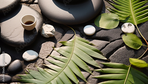 Fresh green leaf on stone, nature beauty generated by AI