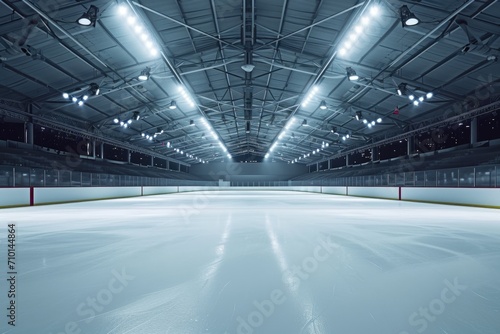 An empty hockey rink illuminated by bright lights. Perfect for sports-related projects or showcasing the anticipation before a game © Fotograf