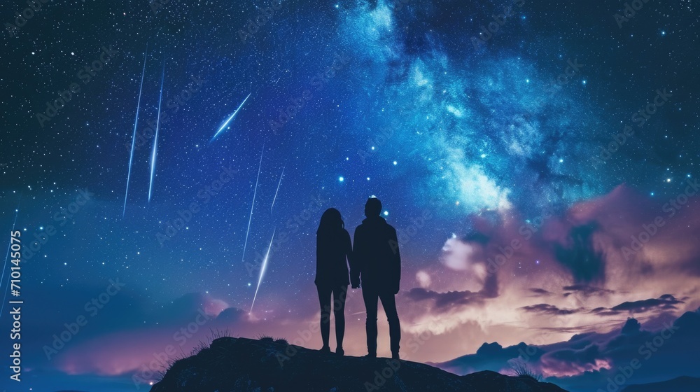 silhouette of a couple with their backs turned, standing on top of a hill, witnessing the beauty of a meteor shower in the night sky generative ai