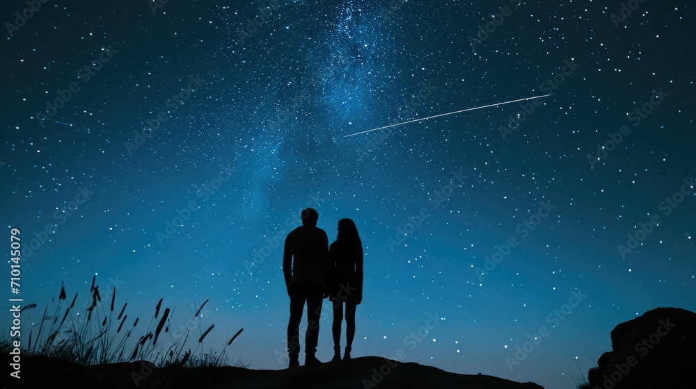 silhouette of a couple with their backs turned, standing on top of a hill, witnessing the beauty of a meteor shower in the night sky generative ai silhouette of a couple with their backs turned, standing on top of a hill, witnessing the beauty of a meteor shower in the night sky generative ai