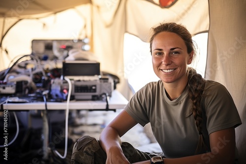 A Portrait of a Dedicated Female Field Medic Trainer, Engrossed in Her Work, Surrounded by Medical Equipment in a Field Hospital Setting photo
