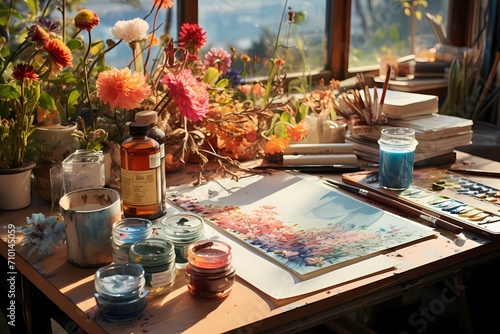 Well-lit shot of an open sketchbook surrounded by neatly organized watercolor palettes on a calming sky blue background photo