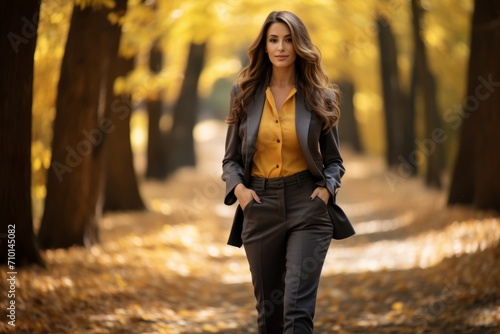 Successful Businesswoman in Stylish Pumps Embracing the Autumn Season  Crunching Colorful Leaves Underfoot on a Tranquil Forest Trail