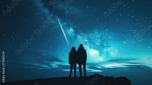 silhouette of a couple with their backs turned, standing on top of a hill, witnessing the beauty of a meteor shower in the night sky generative ai