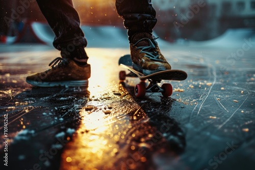 A person riding a skateboard on a wet surface. Suitable for action sports or outdoor recreation themes
