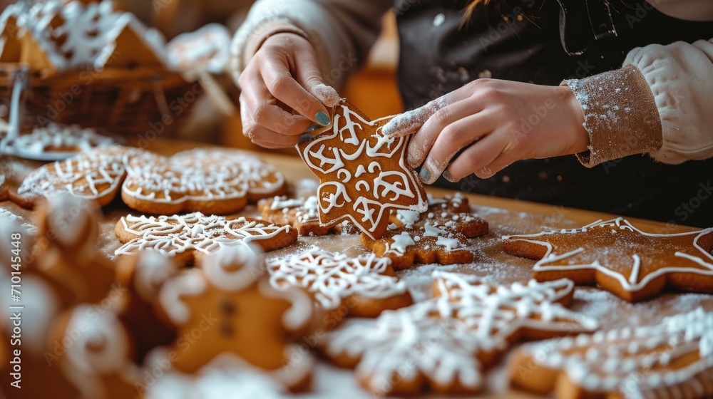 Person decorating a gingerbread on a table. Perfect for holiday baking projects