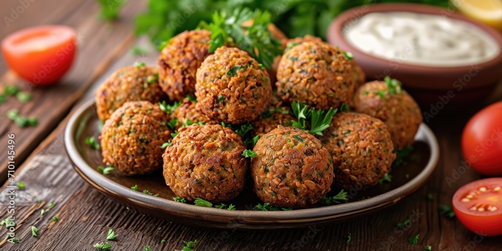 A delicious plate of meatballs displayed on a rustic wooden table. Perfect for food and cooking-related projects A delicious plate of meatballs displayed on a rustic wooden table. Perfect for food and cooking-related projects