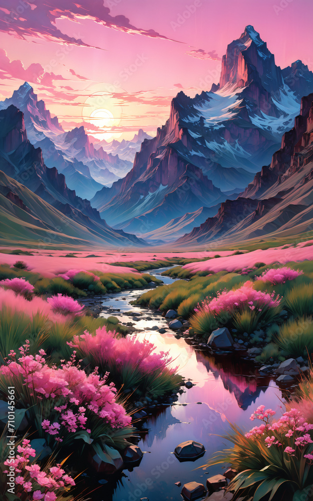 a painting of a mountain range with a stream running through it, a detailed matte painting, fantasy art, terragen, matte painting, detailed painting_1 a painting of a mountain range with a stream running through it, a detailed matte painting, fantasy art, terragen, matte painting, detailed painting_1