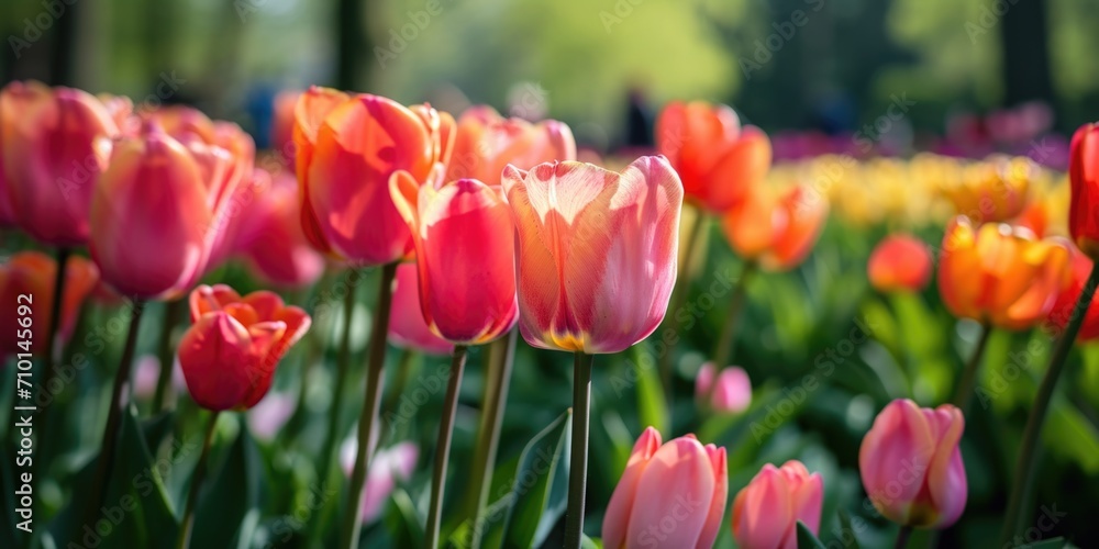 Fototapeta premium A vibrant field of pink and orange tulips, illuminated by the sun. Ideal for springtime or nature-themed designs