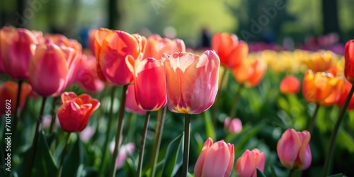 A vibrant field of pink and orange tulips  illuminated by the sun. Ideal for springtime or nature-themed designs