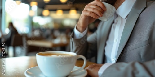 A man is sitting at a table, holding a cup of coffee. This image can be used to depict relaxation, morning routine, or coffee break