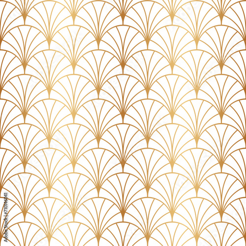 Art deco gold seamless pattern. Repeated golden fan patern. Abstract nouveau background for prints design. Repeating geometric lattice. Gatsby repeat motif. Artdeco fancy lattice. Vector illustration