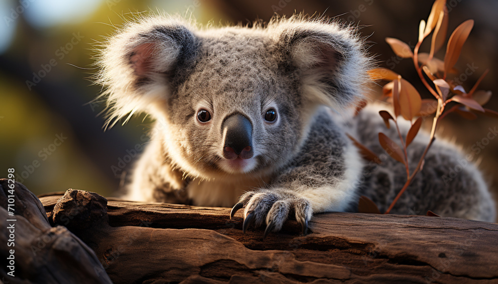 Fototapeta premium Cute koala looking at camera in eucalyptus tree generated by AI