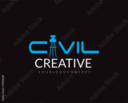 Isometric vector of a professional engineer surveyor takes measures with level theodolite on tripod civil logo.
