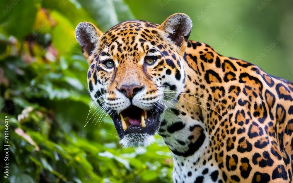 Naklejka premium Jaguar amidst the lush greenery: A close-up encounter.