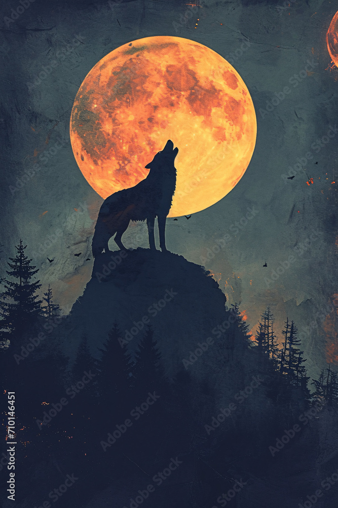 Illustration of a wolf howling at the moon on top of a mountain