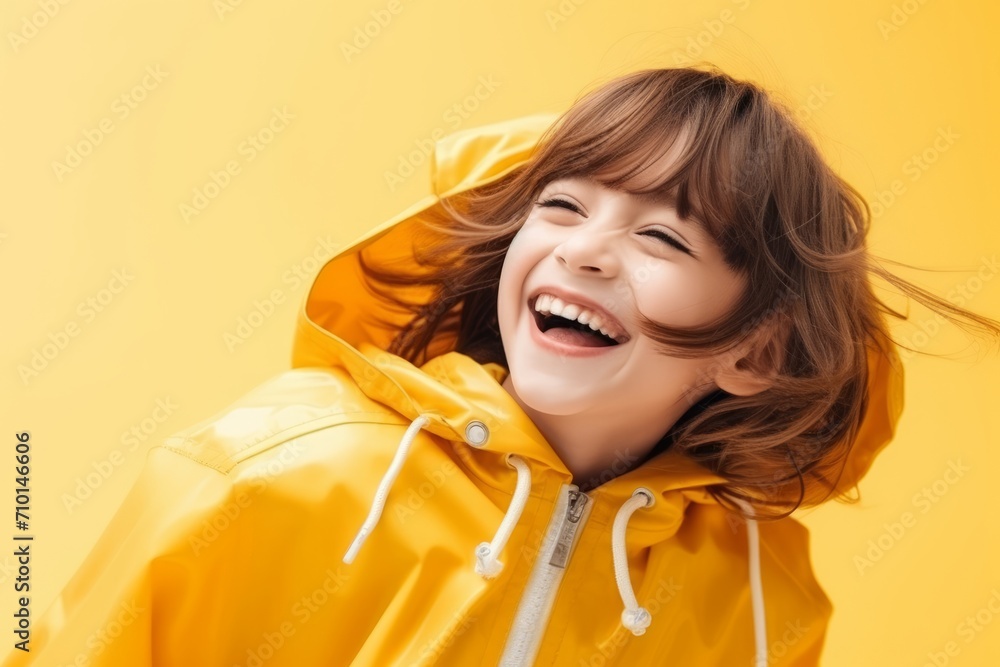smiling little girl in a yellow raincoat on a yellow background smiling little girl in a yellow raincoat on a yellow background