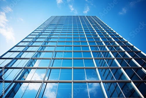 Bright sunny day. mirrored facade construction of magnificent high-rise skyscraper