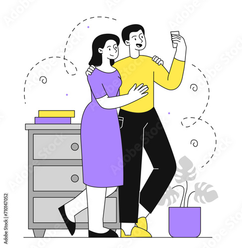 Couple take selfie vector linear