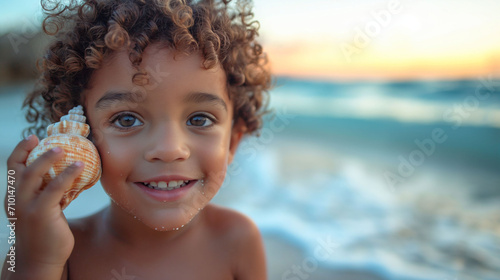 A child is at the beach, holding a seashell to her ear