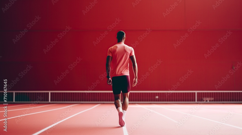 Focused male athlete in mid-stride on a vibrant red running track, embodying energy and speed