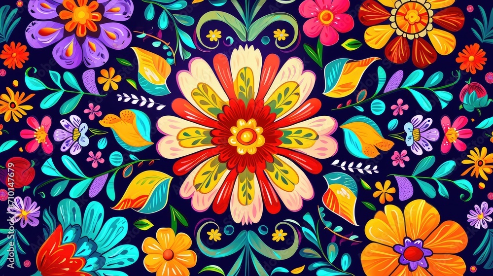 Colorful Flowers Painting on Blue Background Colorful Flowers Painting on Blue Background