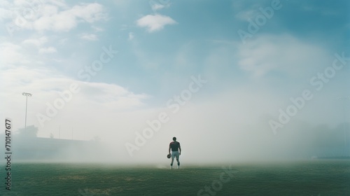 Solitary football player walking in a misty field, evoking early morning training