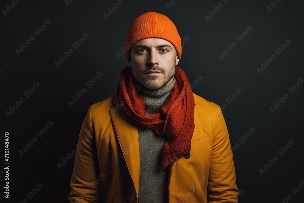 Portrait of a handsome man in a yellow coat and scarf.