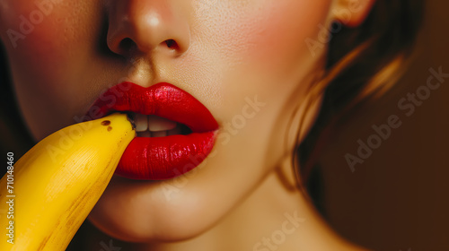 woman with red lips taking a bite from yellow banana photo