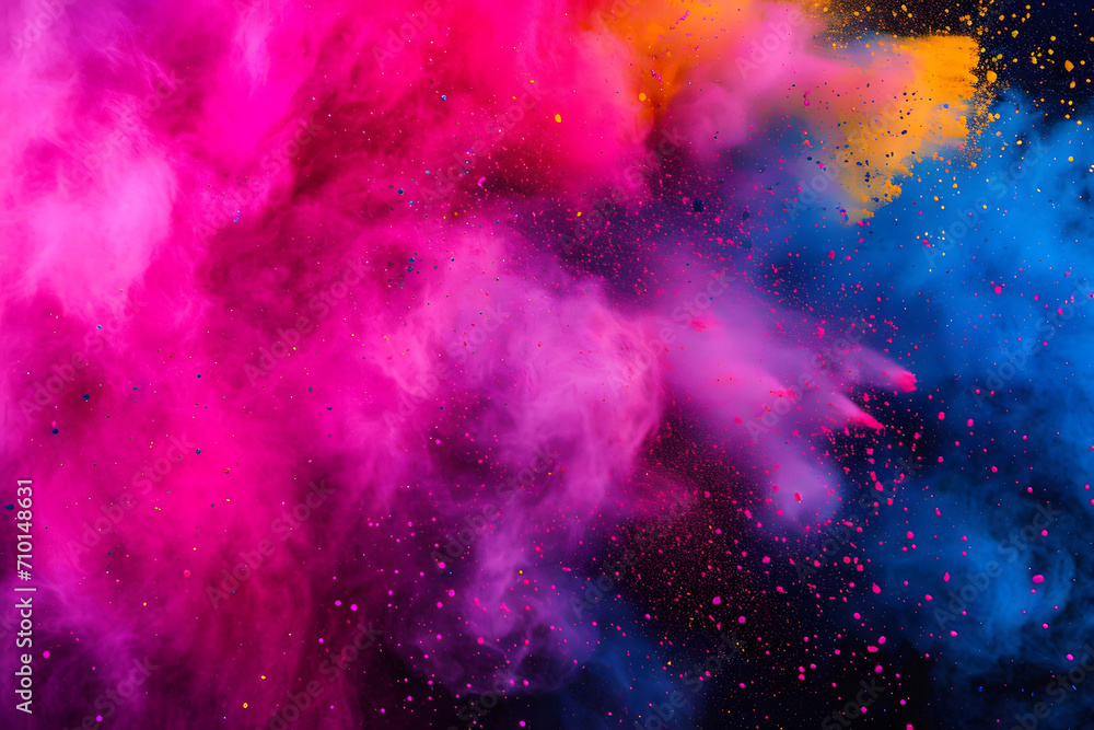Multicolor holi powder dust cloud flying in the air against black background