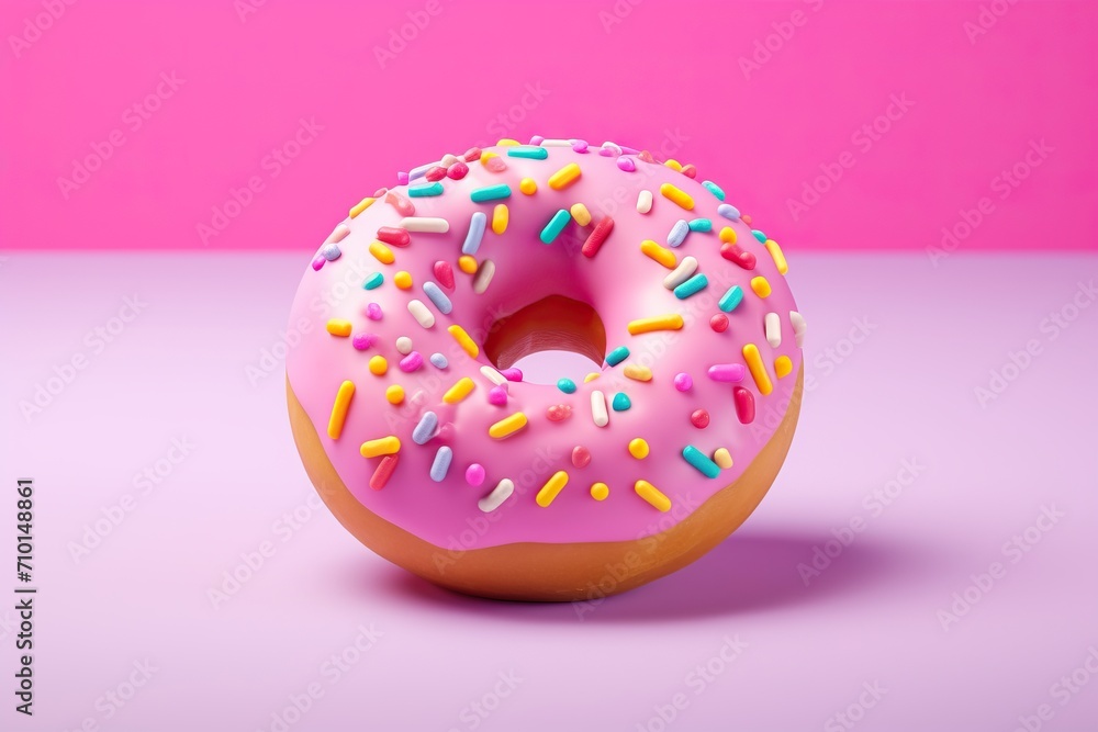 Pink donut floating on colorful background. Pink donut floating on colorful background.