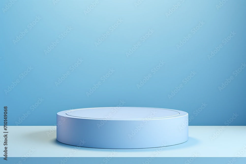 Abstract vector rendering of blue cylinder pedestal podium with pastel color backdrop.