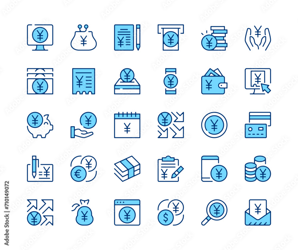 Yen icons set. Vector line icons. Blue color outline stroke symbols. Modern concepts