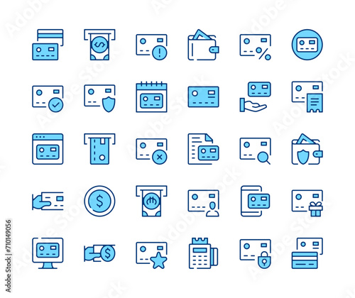 Credit card icons set. Vector line icons. Blue color outline stroke symbols. Modern concepts